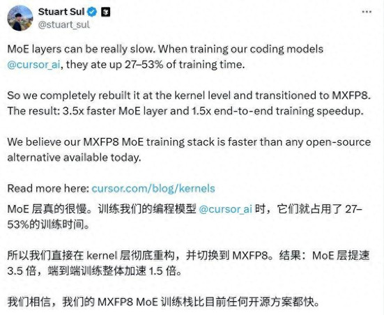 Cursor为Blackwell构建MXFP8内核，MoE层提速3.5倍，端到端1.5倍